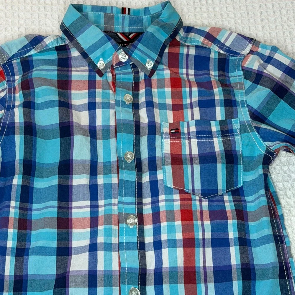 Tommy Hilfiger Kids Blue Red Plaid Long Sleeve Button‎ Down Shirt Size 7